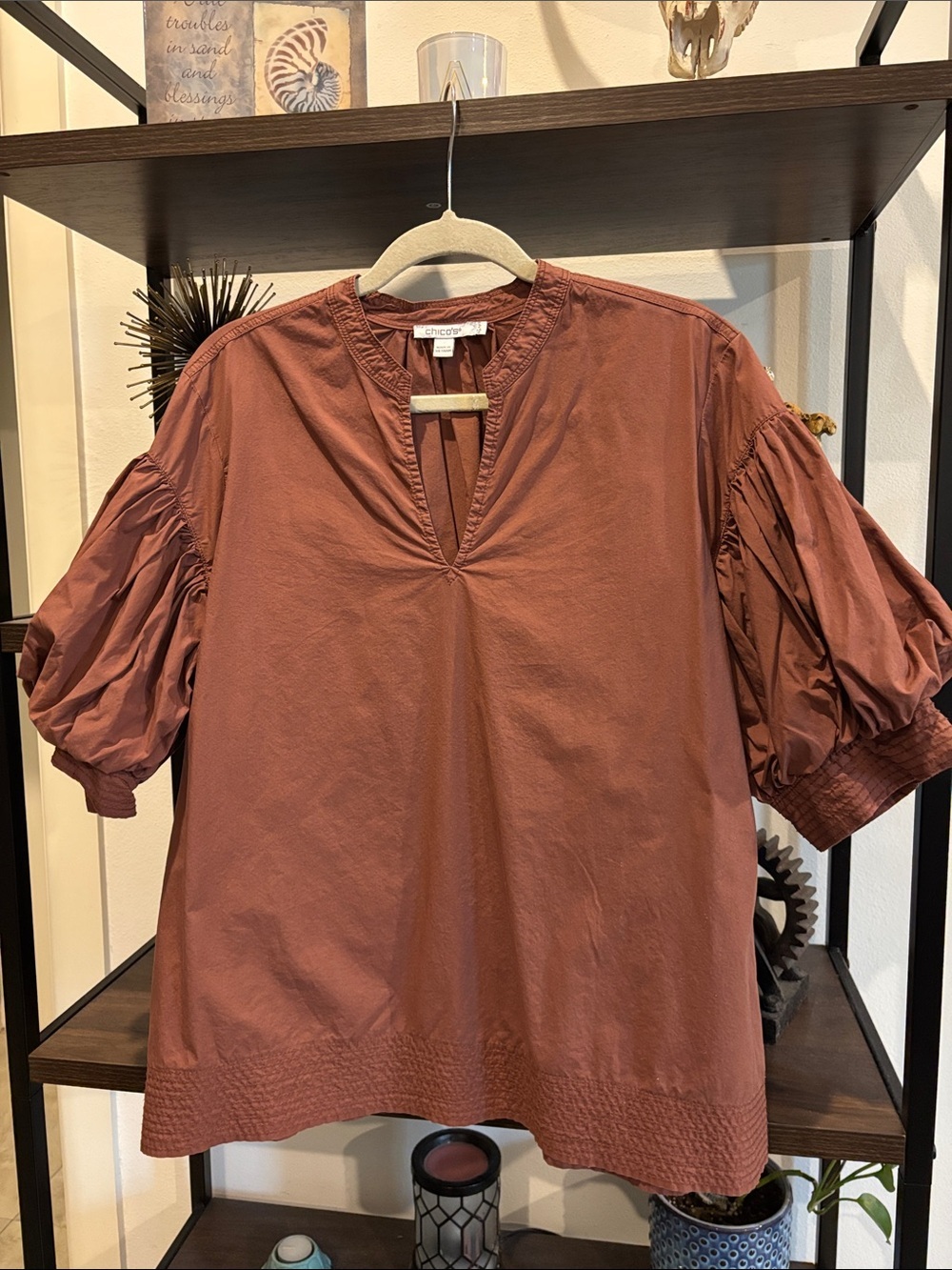 Chico's Rust Brown Puff-Sleeve V-Neck Blouse Size 12 Boho